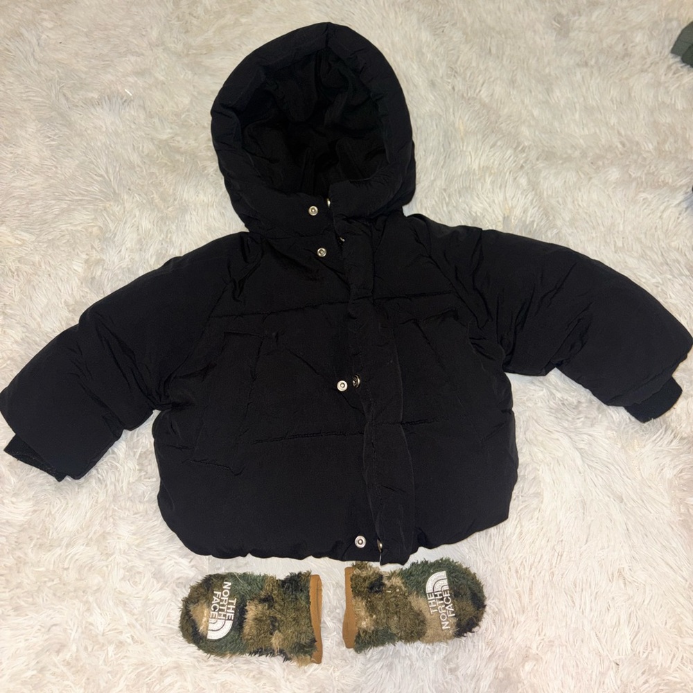 Zara 1 1/2T Black Puffer Coat and North Face Gloves